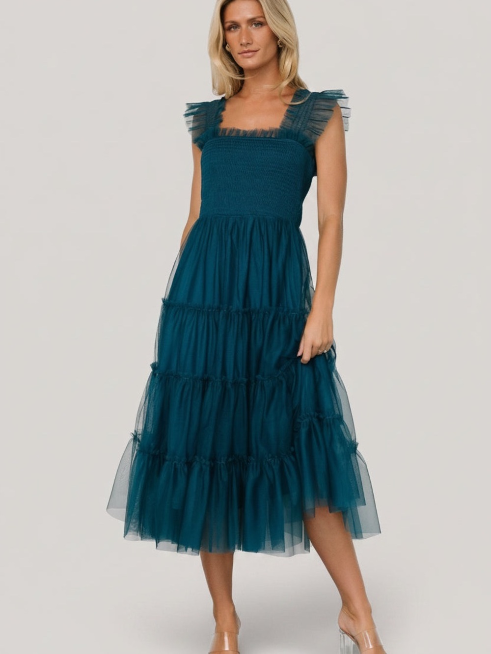 Baltic Born Emma Smocked Tulle Dress Teal Tiered Midi Dress